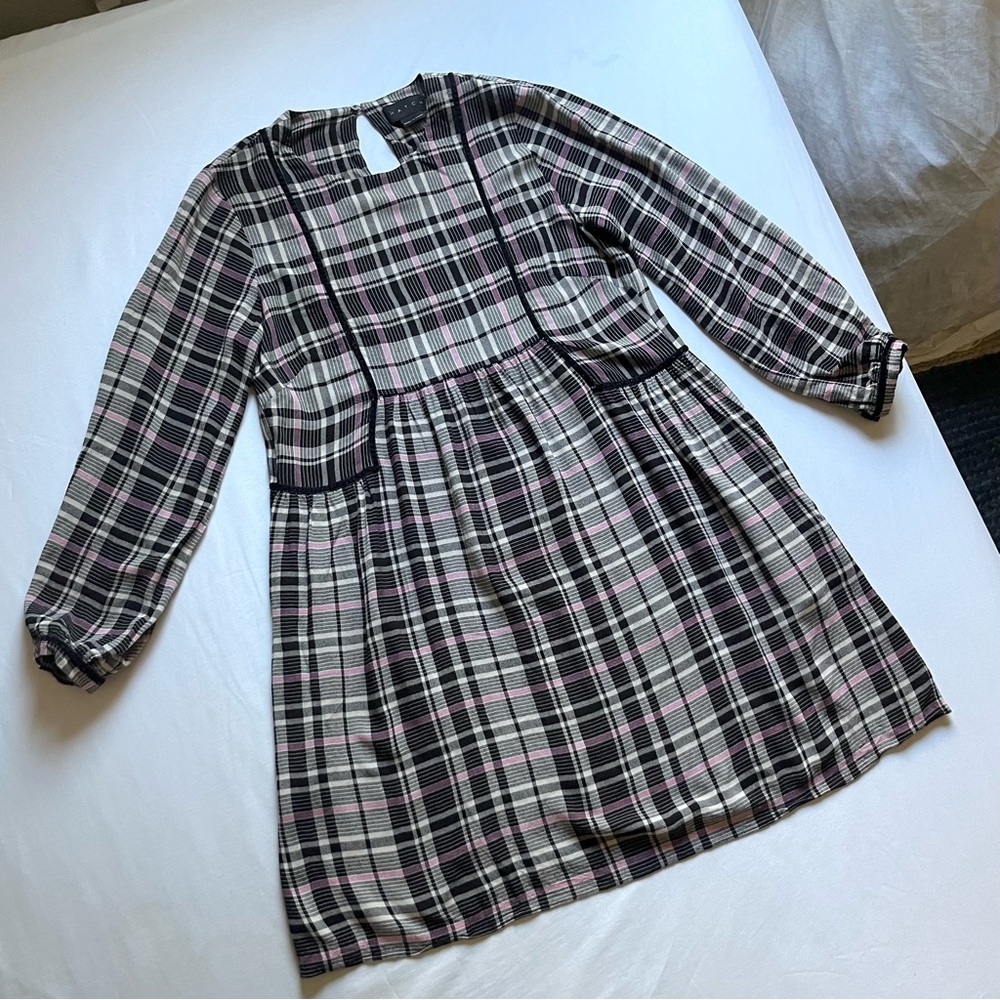HATCH tan black‎ pink plaid viscose long puff sleeve mini dress